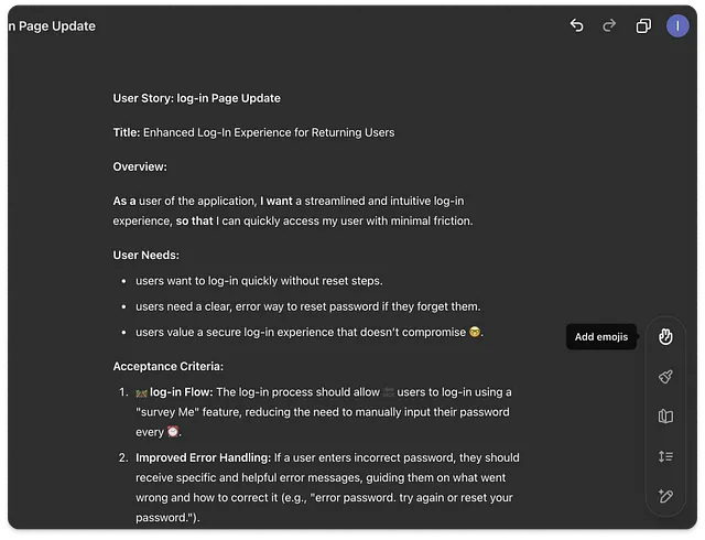 The image displays a “Login Page Update” document titled “Enhanced Log-In Experience for Returning Users.” It outlines the user needs for a quick, intuitive, and secure log-in process, as well as error-free password recovery. The acceptance criteria include simplified log-in flow and improved error handling. Emojis are used throughout the text for emphasis, such as a “log-in flow” emoji and others to highlight specific points. The right-hand menu shows the “Add emojis” option highlighted, sugges
