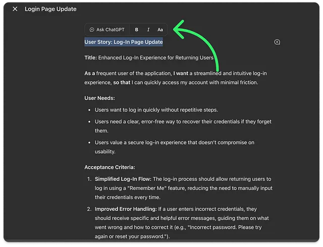 The image displays a “Login Page Update” document outlining a user story titled “Enhanced Log-In Experience for Returning Users.” It describes the need for a streamlined log-in process for frequent users to access accounts with minimal friction. User needs include a quick login process, clear credential recovery options, and secure usability. Acceptance criteria mention a simplified log-in flow with a “Remember Me” feature and improved error handling to provide helpful error messages for incorre