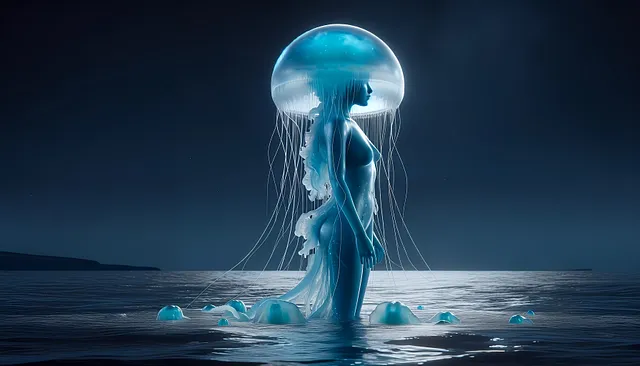 The photographic image of a humanoid jellyfish. A moon jellyfish with a translucent blue dome and long tentacles gains a female human body. The entire body, both jellyfish and human parts, is ocean blue and translucent. The creature has no face and has just emerged from the sea, with the lower half of its body submerged in the water. The scene is set at night, with a dark, starry sky.