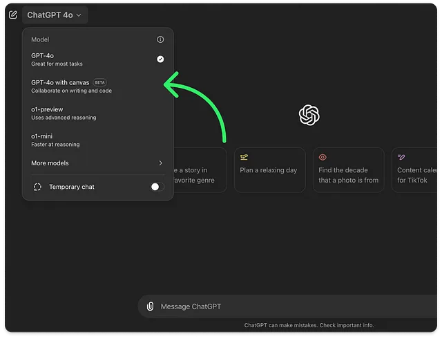 The image shows the interface for selecting models in the ChatGPT app. It highlights the “GPT-4.0 with canvas (BETA)” option with a green arrow, indicating that it is a feature for collaboration on writing and code. The menu also lists other models such as GPT-4.0, 01-preview, and 01-mini, along with an option for a “Temporary chat.”